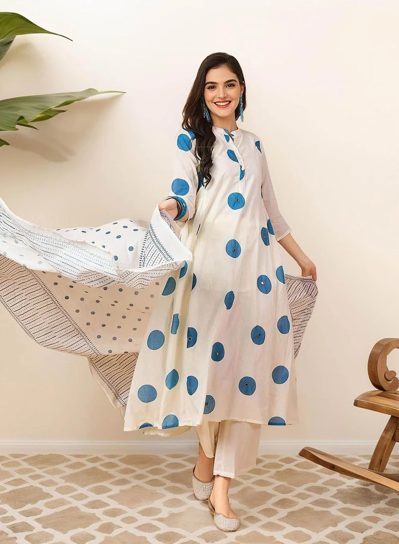 آي شين Women's Navy 100% Cotton Embellished Tunic Full Length Palazzo Straight Fit Kurta Set