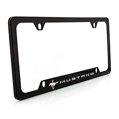 Ford Mustang Pony Black Coated Metal Bottom Engraved License Plate Frame Holder - Image 1