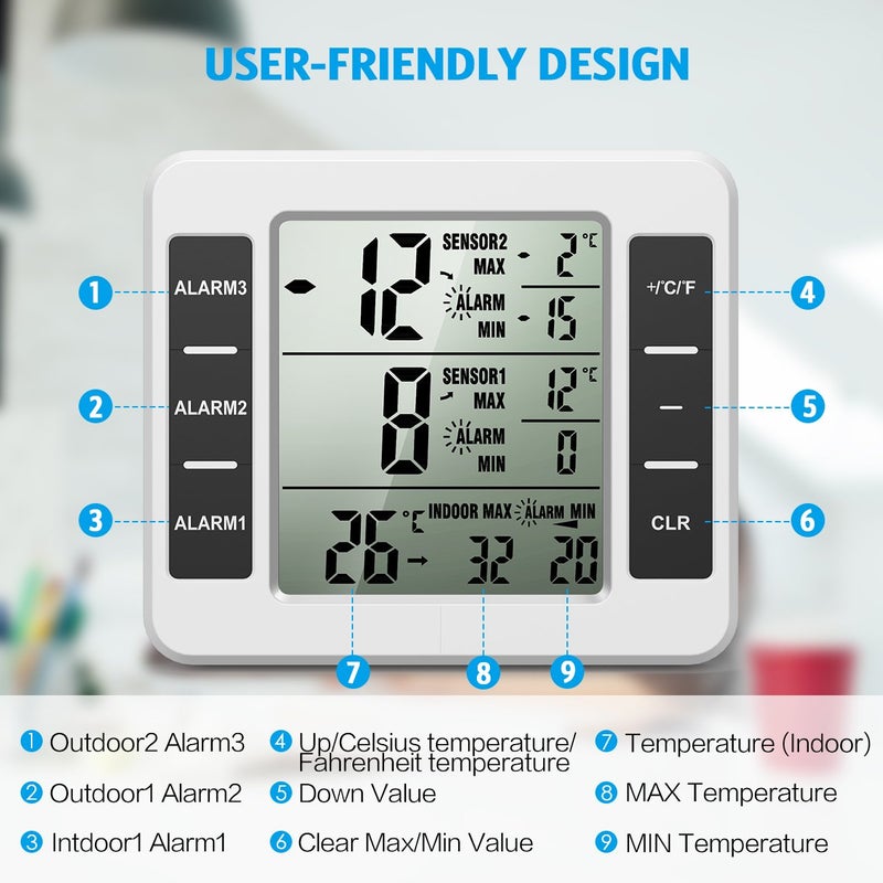 AMIR (UPGRADED) Refrigerator Thermometer, Wireless Indoor Outdoor Freezer Thermometer, Sensor Temperature Monitor with Audible Alarm Temperature Gauge for Kitchen, Freezer, Home (Battery not Included) - Image 2