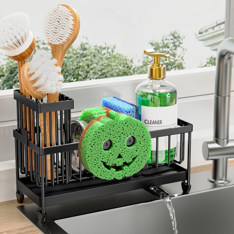 Cisily Sponge Holder for Kitchen Sink, Sink Caddy Organizer with High Brush Holder, Kitchen Countertop Organizers and Storage Essentials, Rustproof 304 Stainless Steel (Black with Smiley Face, 9.25â€³) - Image 1