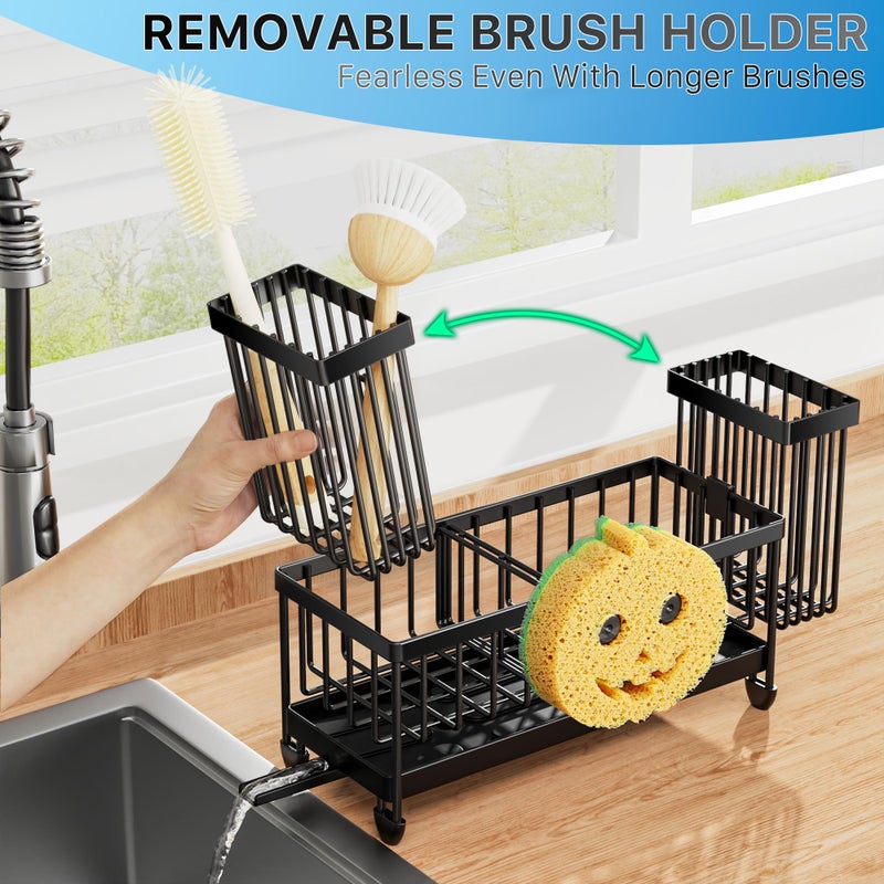 Cisily Sponge Holder for Kitchen Sink, Sink Caddy Organizer with High Brush Holder, Kitchen Countertop Organizers and Storage Essentials, Rustproof 304 Stainless Steel (Black with Smiley Face, 9.25â€³) - Image 3