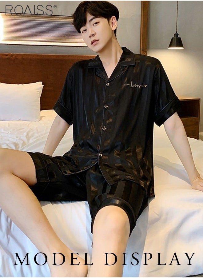 roaiss - 2-Piece Couple Style Ice Silk Pajama Set For Men And Women Button Fastening Lapel Short-Sleeved Shirt And Elastic Waist Shorts Set Home Wear - Image 1