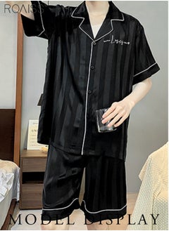 roaiss 2-Piece Couple Style Ice Silk Pajama Set For Men And Women Button Fastening Lapel Short-Sleeved Shirt And Elastic Waist Shorts Set Home Wear  - Image 3