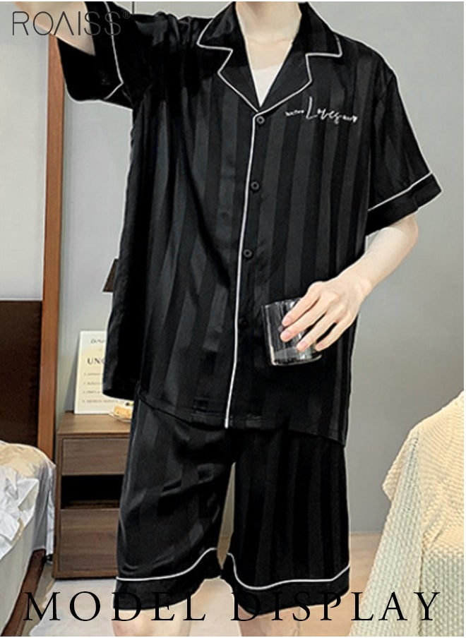 roaiss - 2-Piece Couple Style Ice Silk Pajama Set For Men And Women Button Fastening Lapel Short-Sleeved Shirt And Elastic Waist Shorts Set Home Wear - Image 1