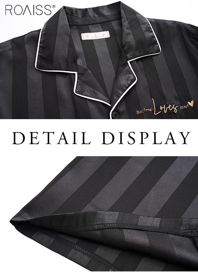 roaiss - 2-Piece Couple Style Ice Silk Pajama Set For Men And Women Button Fastening Lapel Short-Sleeved Shirt And Elastic Waist Shorts Set Home Wear - Image 1