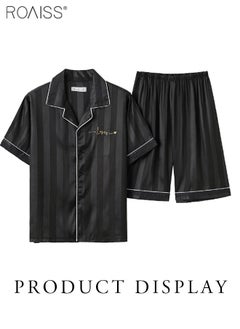 roaiss 2-Piece Couple Style Ice Silk Pajama Set For Men And Women Button Fastening Lapel Short-Sleeved Shirt And Elastic Waist Shorts Set Home Wear  - Image 5