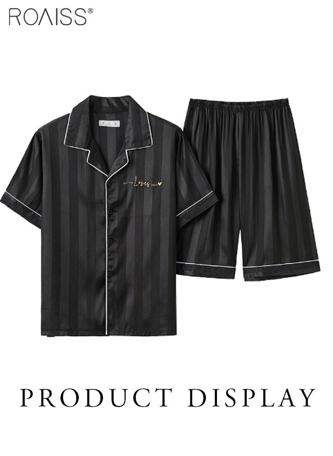 roaiss - 2-Piece Couple Style Ice Silk Pajama Set For Men And Women Button Fastening Lapel Short-Sleeved Shirt And Elastic Waist Shorts Set Home Wear - Image 1