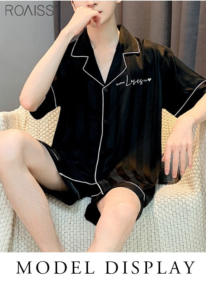 roaiss - 2-Piece Couple Style Ice Silk Pajama Set For Men And Women Button Fastening Lapel Short-Sleeved Shirt And Elastic Waist Shorts Set Home Wear - Image 1