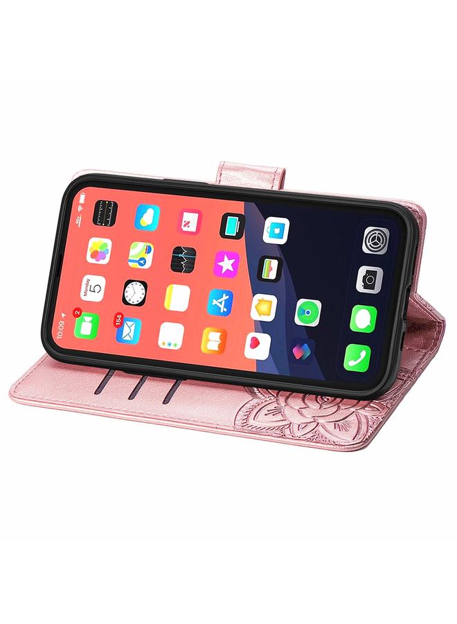 اس-توب جراب لهاتف iPhone 13 mini من الجلد المنقوش بشكل زهرة الفراشة مع حامل / فتحة بطاقة / محفظة / حبل - Image 4