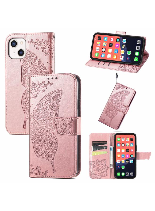اس-توب جراب لهاتف iPhone 13 mini من الجلد المنقوش بشكل زهرة الفراشة مع حامل / فتحة بطاقة / محفظة / حبل - Image 1