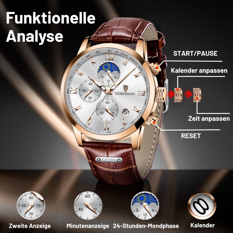 LIGE Chronograph Watch for Men Wrist Leather Analog Dress Waterproof Vintage Work Casual Unique Retro Quartz Date Moon Phase Display Luminous 3ATM Water Resistant Mens Watches,Rose Gold White - Image 4