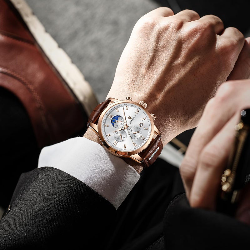 LIGE Chronograph Watch for Men Wrist Leather Analog Dress Waterproof Vintage Work Casual Unique Retro Quartz Date Moon Phase Display Luminous 3ATM Water Resistant Mens Watches,Rose Gold White - Image 2