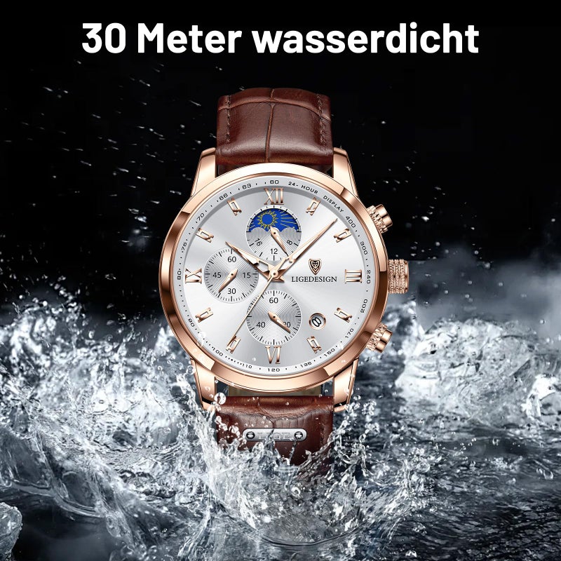 LIGE Chronograph Watch for Men Wrist Leather Analog Dress Waterproof Vintage Work Casual Unique Retro Quartz Date Moon Phase Display Luminous 3ATM Water Resistant Mens Watches,Rose Gold White - Image 5