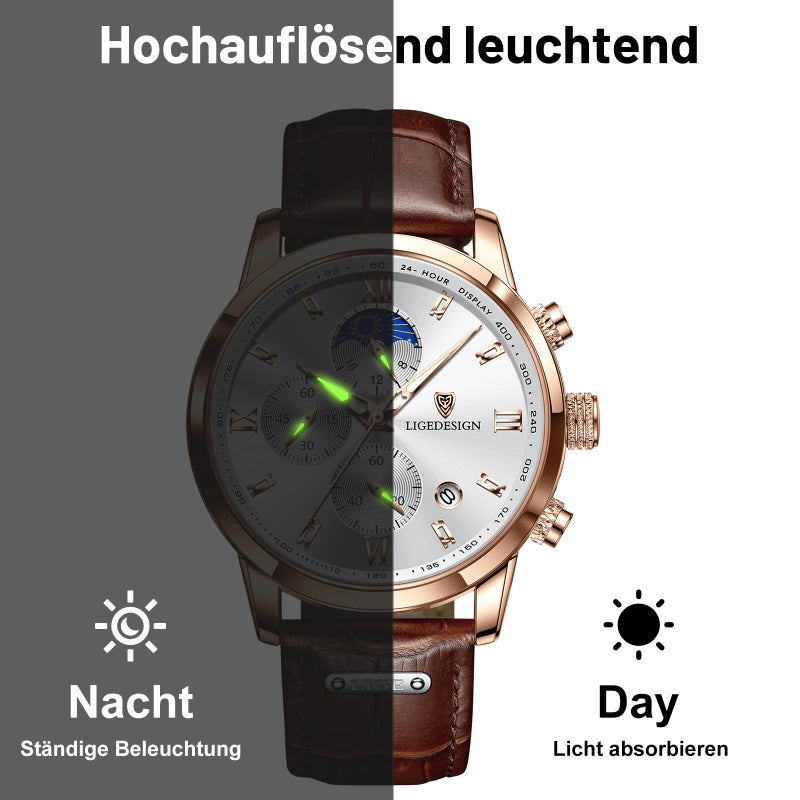 LIGE Chronograph Watch for Men Wrist Leather Analog Dress Waterproof Vintage Work Casual Unique Retro Quartz Date Moon Phase Display Luminous 3ATM Water Resistant Mens Watches,Rose Gold White - Image 3