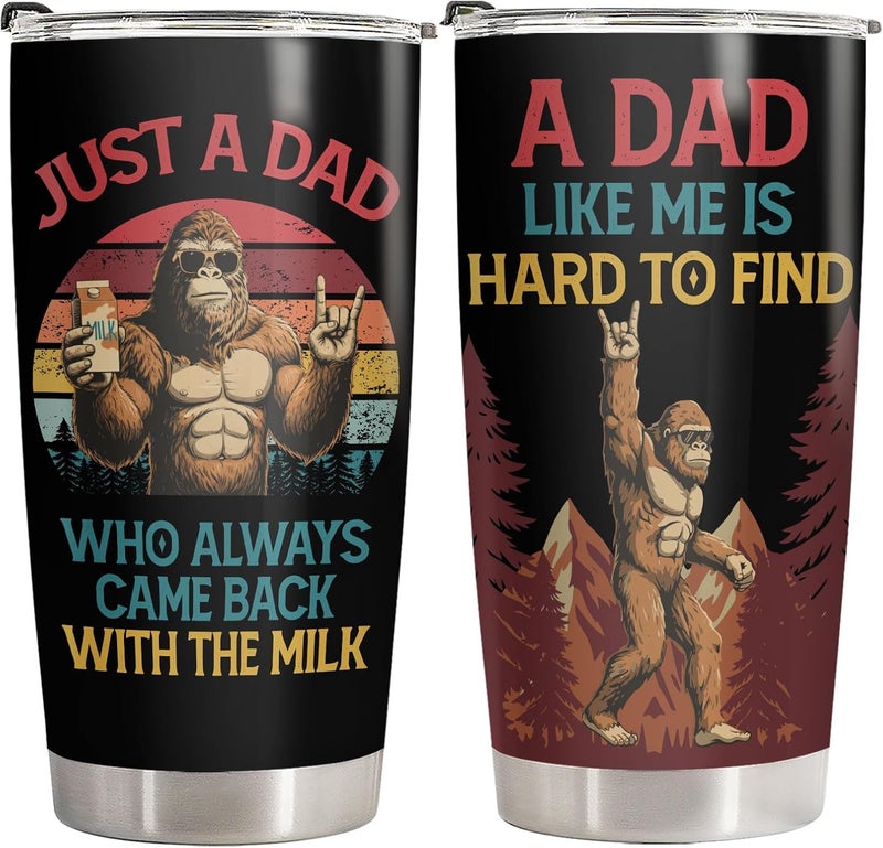 34HD Funny Bigfoot Dad Tumbler 20 oz with Lid, Sasquatch Milk Run Insulated Travel Coffee Mug, Hilarious Fathers Day Gift - Ideal Birthday Present to Men, Dad and Husband - Image 1