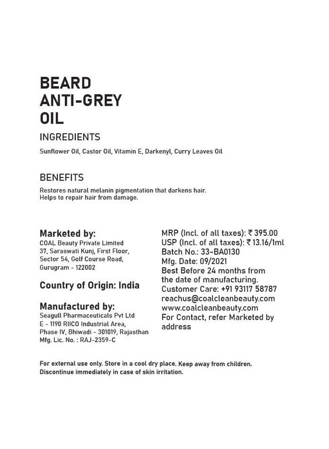 COAL CLEAN BEAUTY Beard Antigrey Oil; Sunflower Oil Castor Oil Vitamin E Darkenyl & Curry Leaves Oil ; Darkens Treats & Repairs Premature Beard Greying ; All Skin Types - Image 3