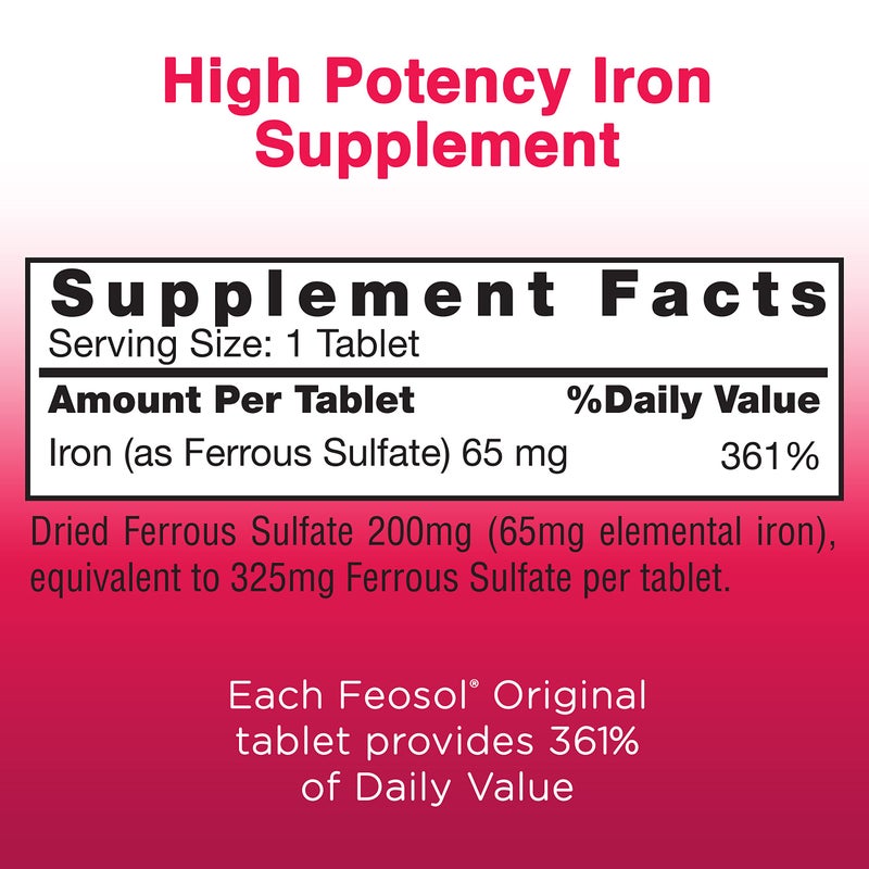 Feosol Original Iron Supplement Tablets, Non-heme, 325mg Ferrous Sulfate (65mg Elemental Iron) per Iron Pill, 1 Per Day, 120ct, 4 Month Supply, for Energy and Immune System Support, Made in USA - Image 2