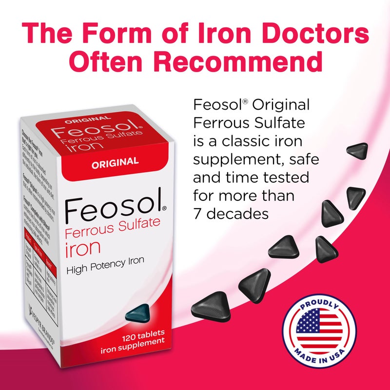 Feosol Original Iron Supplement Tablets, Non-heme, 325mg Ferrous Sulfate (65mg Elemental Iron) per Iron Pill, 1 Per Day, 120ct, 4 Month Supply, for Energy and Immune System Support, Made in USA - Image 3