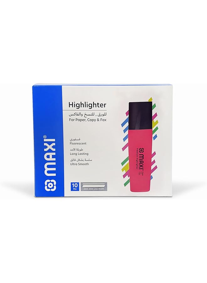 Maxi Super Fluorescent Premium Highlighter Box Of 10Pc Pink Ultra Smooth For Paper Copy And Fax  - Image 1
