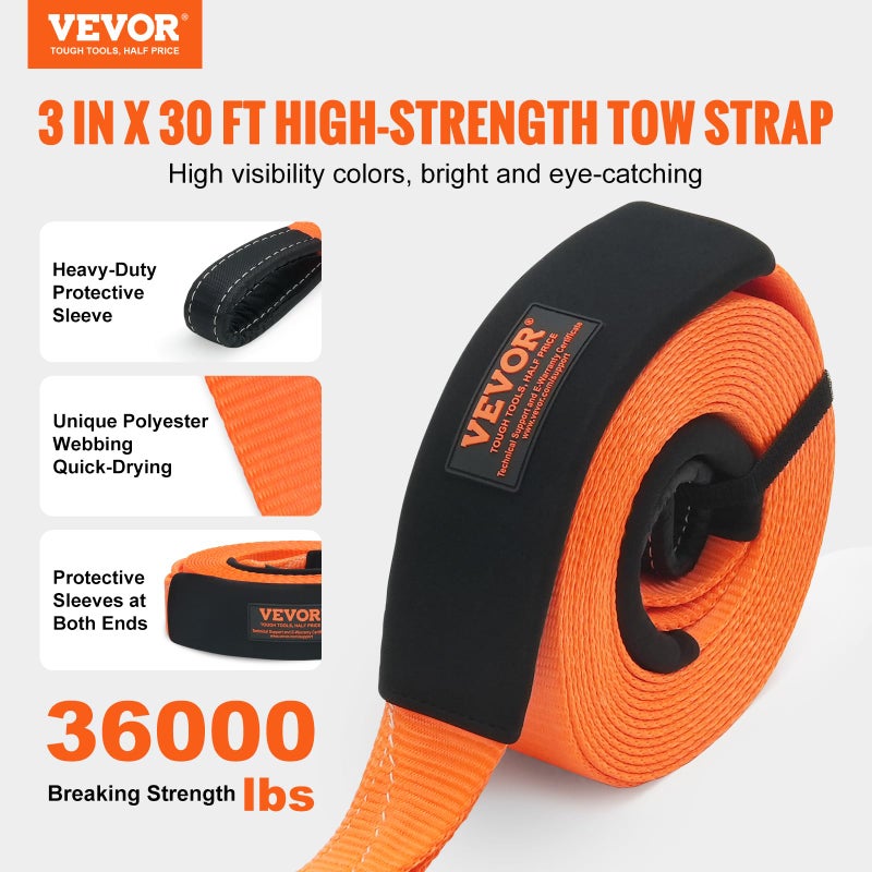 VEVOR Polyester Heavy Duty Tow Strap Recovery Kit 3" x 30 ft (MBS-36,000 lbs) Winch Strap, Triple Reinforced Loop, Snatch Strap + 2" Shackle Hitch Receiver + 3/4" D-Ring Shackles (2PCS) + Storage Bag - Image 2