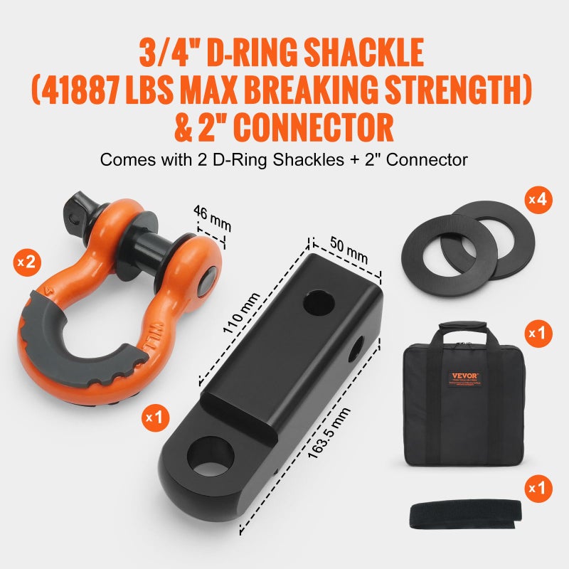 VEVOR Polyester Heavy Duty Tow Strap Recovery Kit 3" x 30 ft (MBS-36,000 lbs) Winch Strap, Triple Reinforced Loop, Snatch Strap + 2" Shackle Hitch Receiver + 3/4" D-Ring Shackles (2PCS) + Storage Bag - Image 4