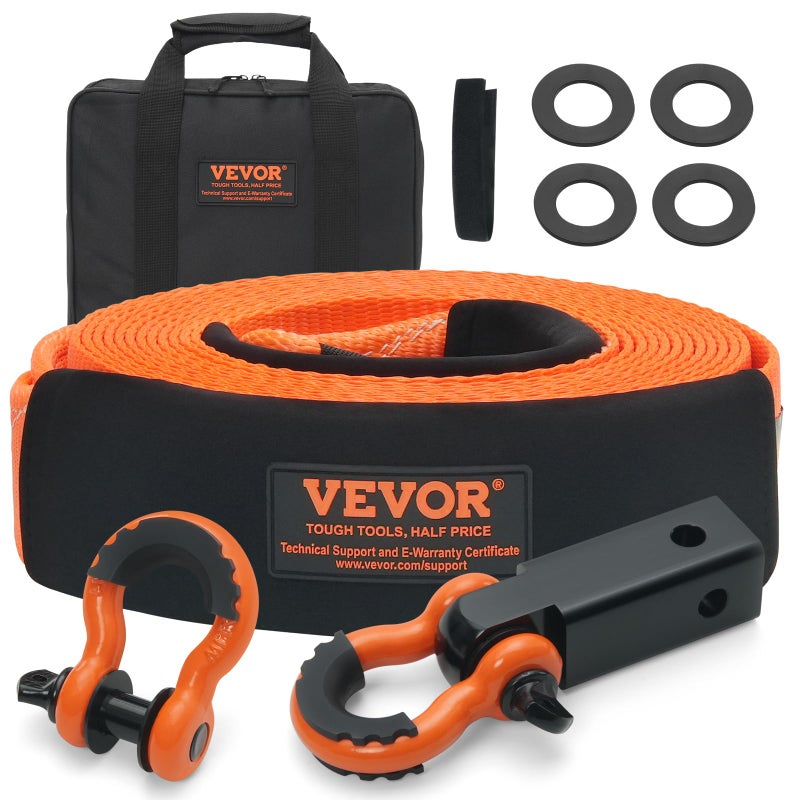 VEVOR Polyester Heavy Duty Tow Strap Recovery Kit 3" x 30 ft (MBS-36,000 lbs) Winch Strap, Triple Reinforced Loop, Snatch Strap + 2" Shackle Hitch Receiver + 3/4" D-Ring Shackles (2PCS) + Storage Bag - Image 1