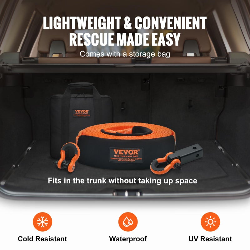 VEVOR Polyester Heavy Duty Tow Strap Recovery Kit 3" x 30 ft (MBS-36,000 lbs) Winch Strap, Triple Reinforced Loop, Snatch Strap + 2" Shackle Hitch Receiver + 3/4" D-Ring Shackles (2PCS) + Storage Bag - Image 5