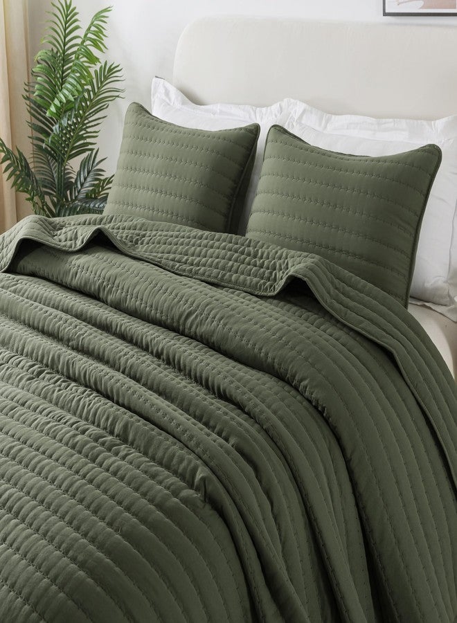 ROARINGWILD Olive Green Queen Size Quilt Set, Striped Pick Stitch Lightweight Bedspread, Soft Channel Farmhouse Rustic Coverlet, Spring Summer Thin Comforter, Country Bedding, 90x90 inches - Image 1