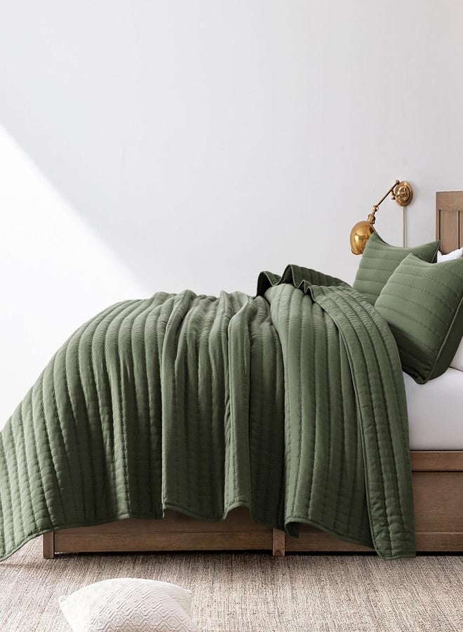 ROARINGWILD Olive Green Queen Size Quilt Set, Striped Pick Stitch Lightweight Bedspread, Soft Channel Farmhouse Rustic Coverlet, Spring Summer Thin Comforter, Country Bedding, 90x90 inches - Image 3