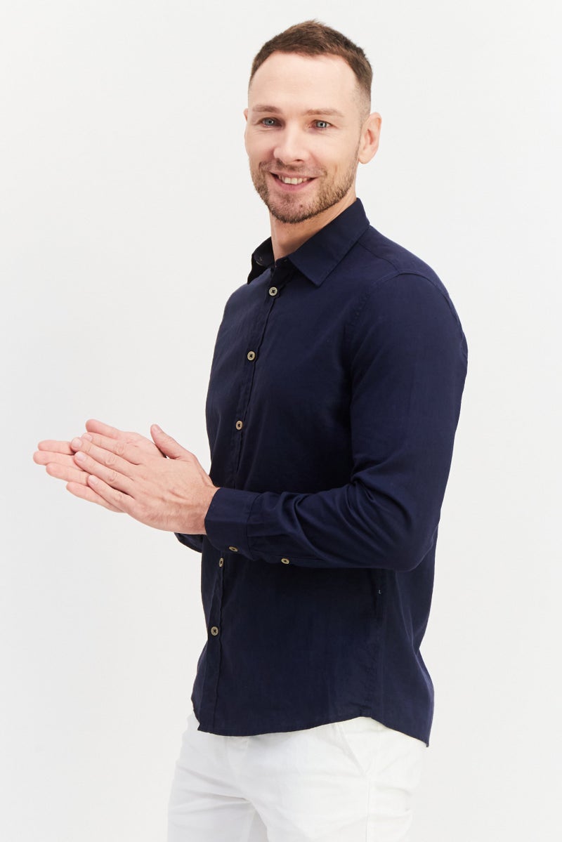 Sorbino Men Regular Fit Solid Long Sleeve Casual Shirt, Navy Blue - Image 2