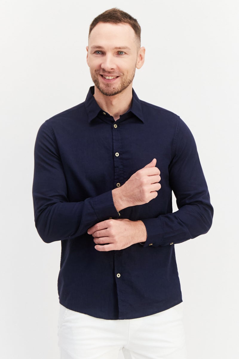 Sorbino Men Regular Fit Solid Long Sleeve Casual Shirt, Navy Blue - Image 1