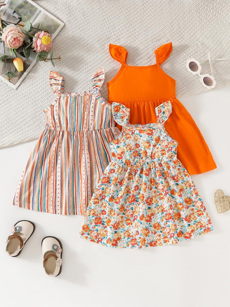 VARMILO Girls Dresses Toddler Girls Dress 3-Pack Summer Casual Party Print Skater Dress Sundress Size 2-3Years Orange - Image 3