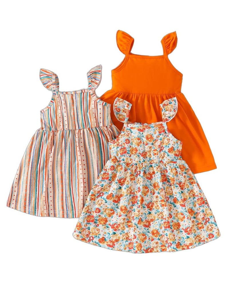 VARMILO Girls Dresses Toddler Girls Dress 3-Pack Summer Casual Party Print Skater Dress Sundress Size 2-3Years Orange - Image 1
