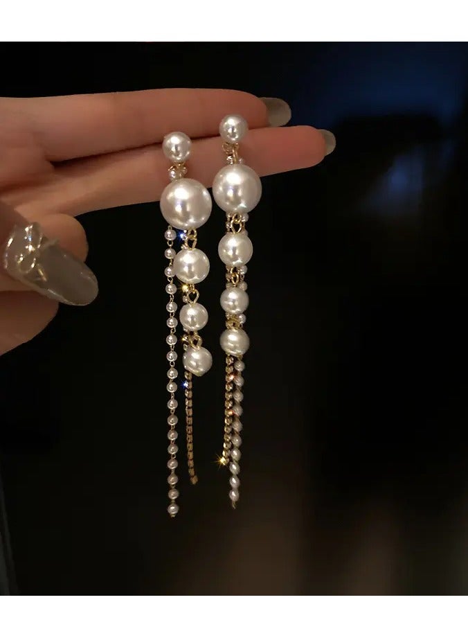 Elegant Long Imitation Pearl Tassel Earrings - Chic White Alloy Dangle Earrings with Lustrous Finish, Perfect for Adding a Touch of Glamour, Novelty Earrings, Perfect for Winter, New Year - Image 1