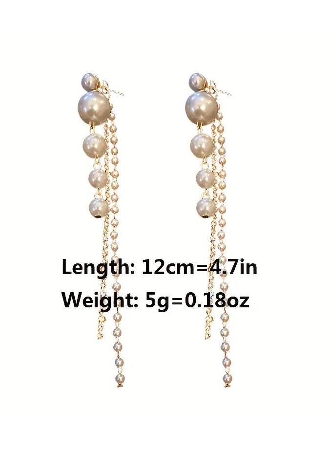 Elegant Long Imitation Pearl Tassel Earrings - Chic White Alloy Dangle Earrings with Lustrous Finish, Perfect for Adding a Touch of Glamour, Novelty Earrings, Perfect for Winter, New Year - Image 4