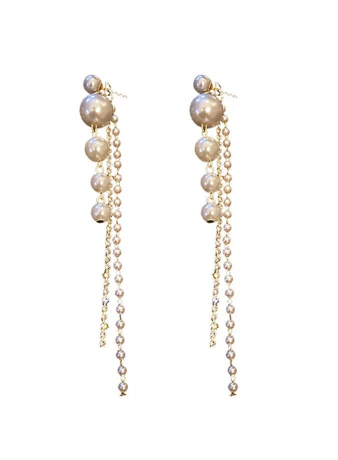 Elegant Long Imitation Pearl Tassel Earrings - Chic White Alloy Dangle Earrings with Lustrous Finish, Perfect for Adding a Touch of Glamour, Novelty Earrings, Perfect for Winter, New Year - Image 3