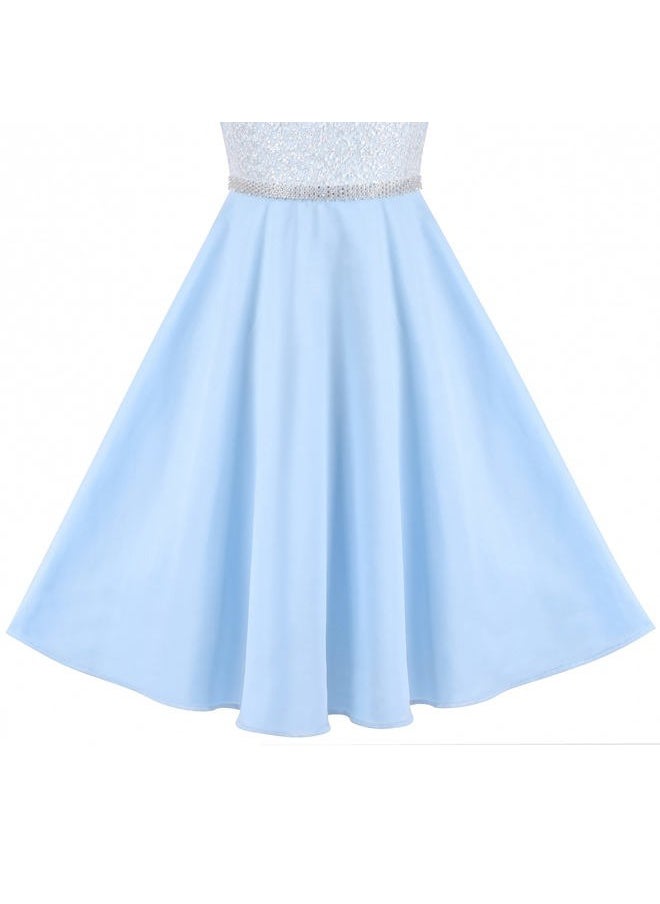 Sunny Fashion - Girls Dress Blue Rhinestone Chiffon Bridesmaid Dance Party Maxi Gown Size 7 - Image 1
