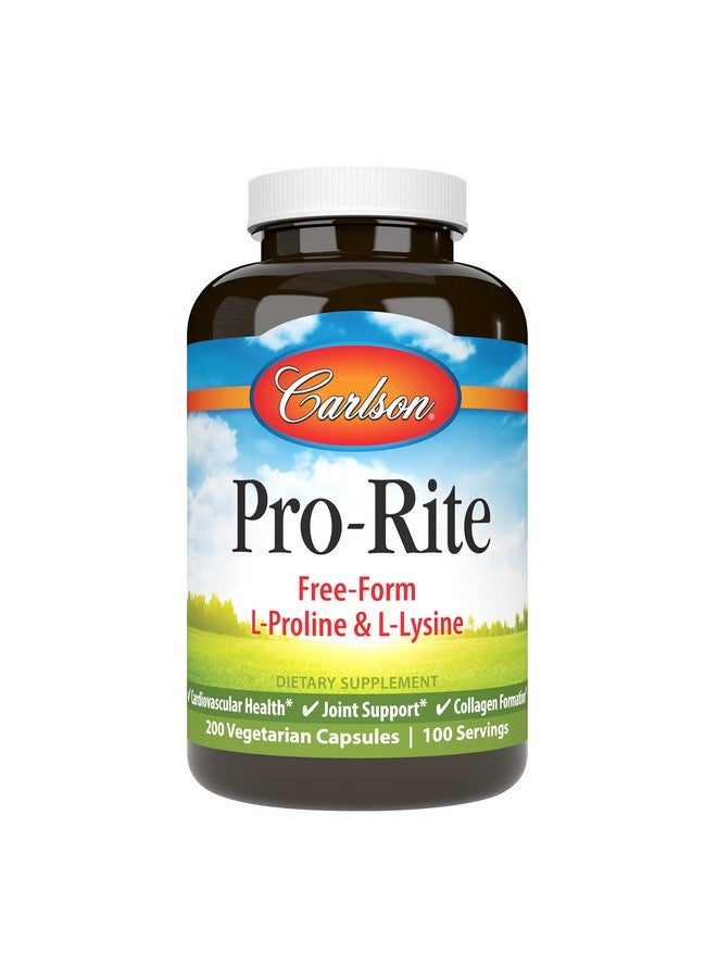 Carlson - Pro-Rite, Free-Form L-Proline & L-Lysine, Health, Joint Support & Collagen Formation, 200 Capsules - Image 1