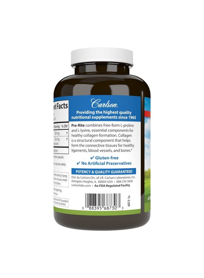 Carlson - Pro-Rite, Free-Form L-Proline & L-Lysine, Health, Joint Support & Collagen Formation, 200 Capsules - Image 3