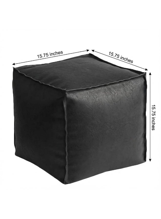 LAMAY Stuffable Seat cushion cover, 16" Faux Leather Storage Footstool, Decorative Cube for Storing Unwanted Clothing Dolls and Blankets, for Living Room and Bedroom(Black) - Image 3