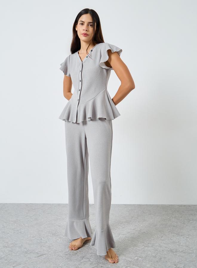 Styli Rib Button Through Peplum Shirt and Pyjama Set - Image 2