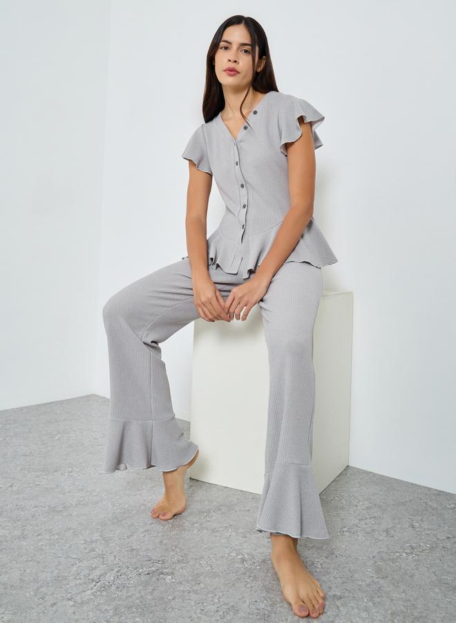 Styli Rib Button Through Peplum Shirt and Pyjama Set - Image 1