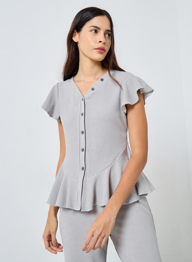 Styli Rib Button Through Peplum Shirt and Pyjama Set - Image 3