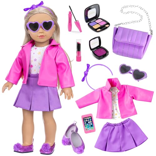 DOTVOSY American 18 Inch Dolls Clothes and Makeup Accessories,Cosmetic Toys Shoulder Bags Gift Playset Fit for 18" Doll Including Skirt Outfit Eye Shadow Lipstick Blusher Headband,Doll Not Include - Image 1