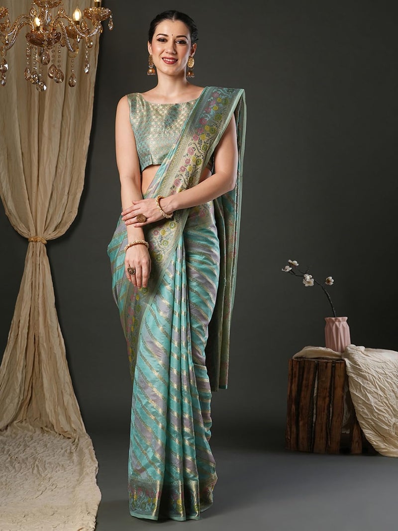 SAREE MALL Women's Light Blue Organza Ethnic Motif Printed Saree With Unstitched Blouse Piece (UNATI1201_AC) - Image 3