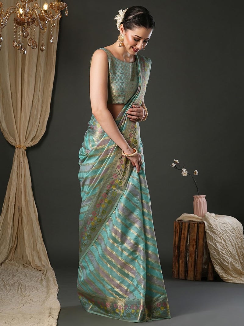 SAREE MALL Women's Light Blue Organza Ethnic Motif Printed Saree With Unstitched Blouse Piece (UNATI1201_AC) - Image 4