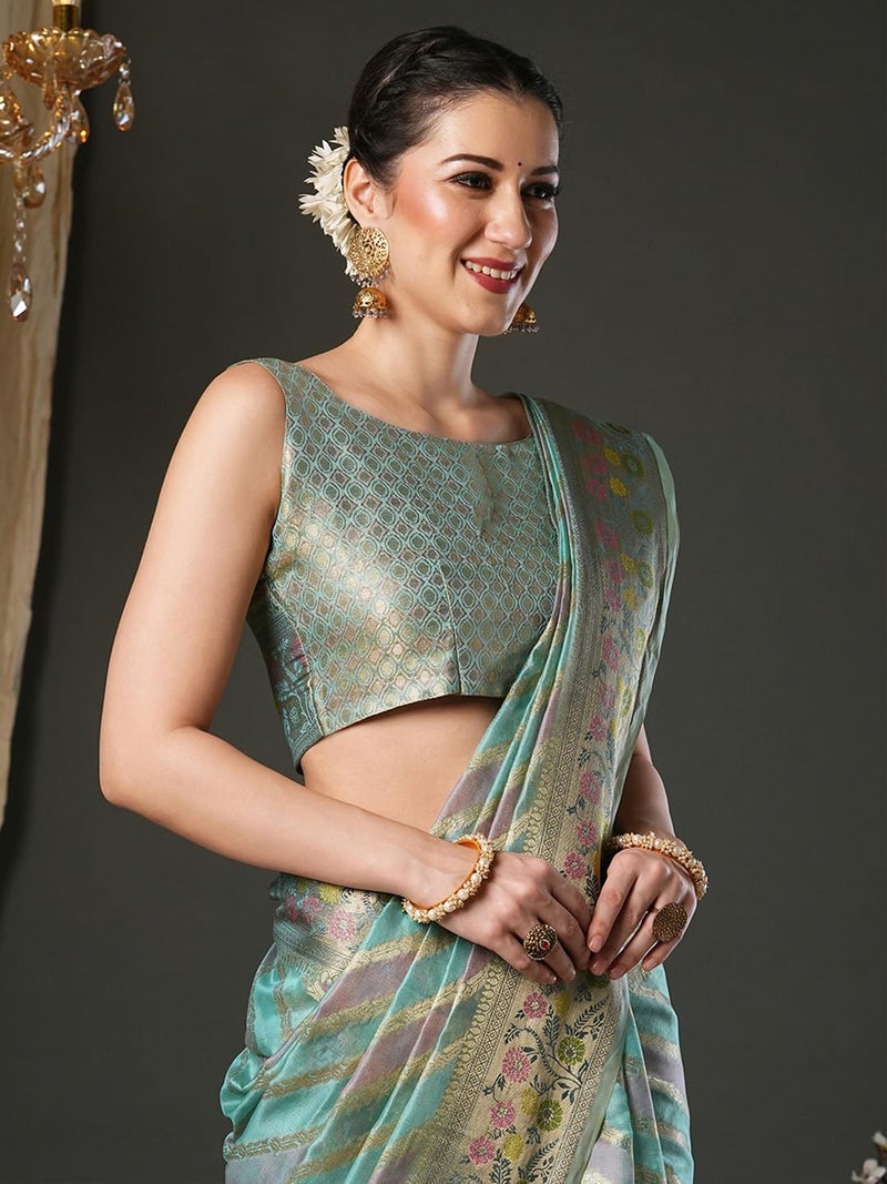SAREE MALL Women's Light Blue Organza Ethnic Motif Printed Saree With Unstitched Blouse Piece (UNATI1201_AC) - Image 5