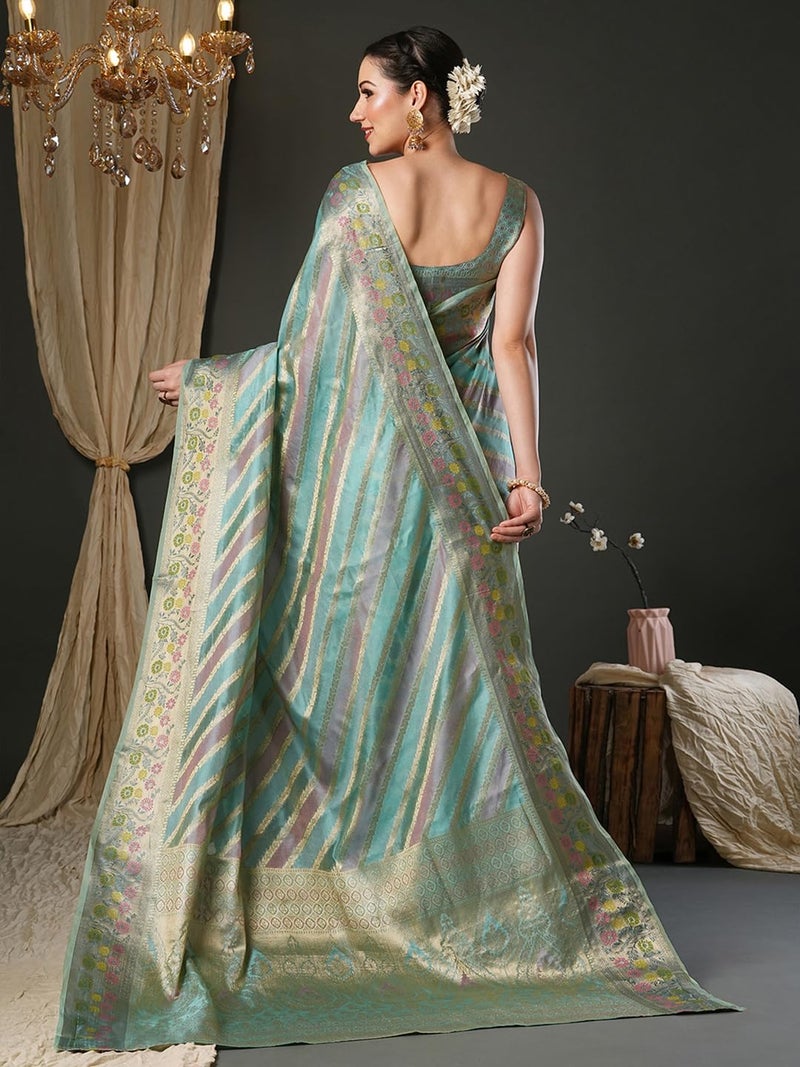 SAREE MALL Women's Light Blue Organza Ethnic Motif Printed Saree With Unstitched Blouse Piece (UNATI1201_AC) - Image 2