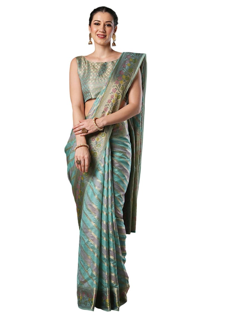 SAREE MALL Women's Light Blue Organza Ethnic Motif Printed Saree With Unstitched Blouse Piece (UNATI1201_AC) - Image 1