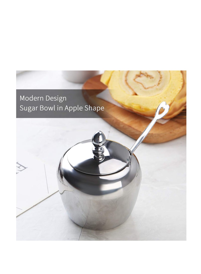 Zikra Small Stainless Steel Sugar Bowl with Lid and Sugar Spoon in Heart Shape for Kitchen and Home Sugar Holder in Apple Shape 7.2oz/215ml - Image 3